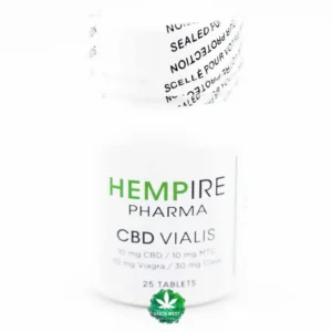 A bottle of Hempire CBD Vialis, a wellness supplement, with a green label and a dropper cap